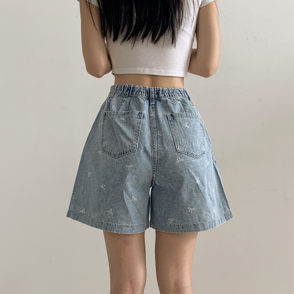 VENUSY｜正韓🇰🇷 - 𝟷𝟶𝟶%棉☀ 韓國女裝｜純棉蝴蝶結直筒A字牛仔短褲-細節圖2