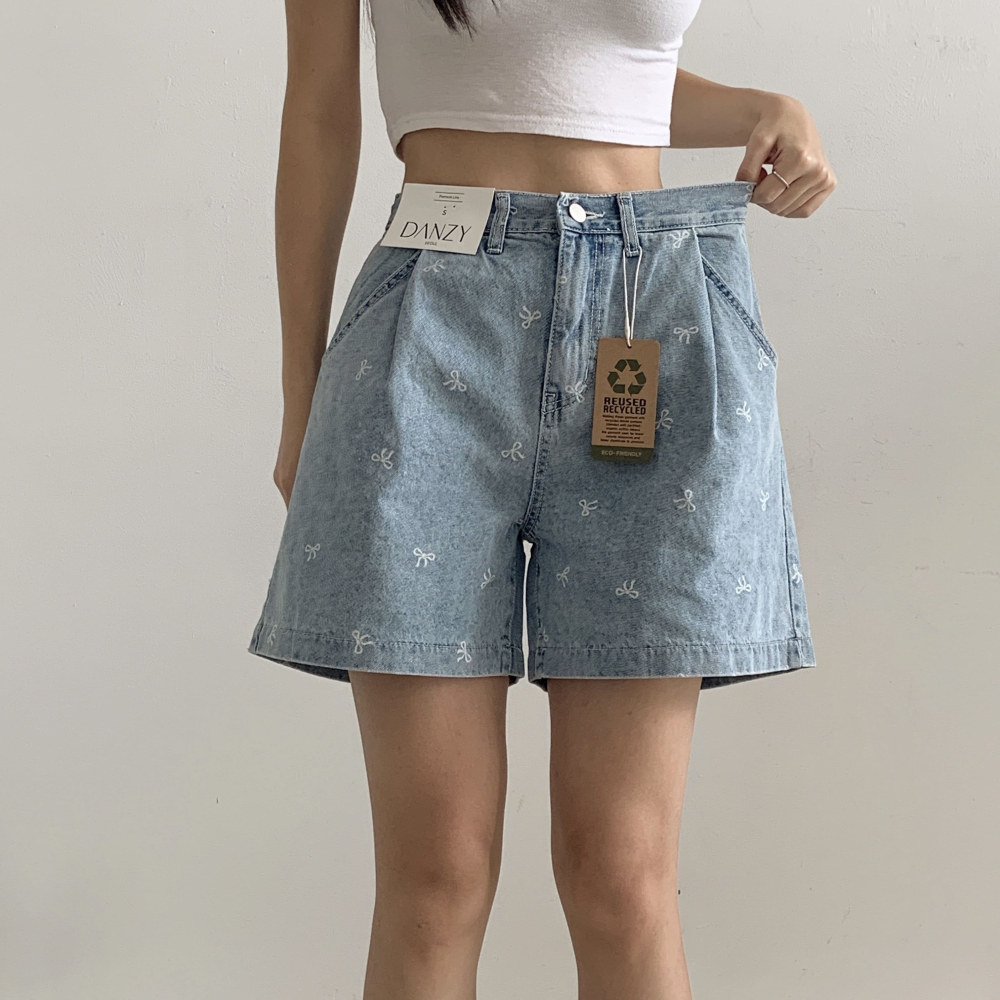 VENUSY｜正韓🇰🇷 - 𝟷𝟶𝟶%棉☀ 韓國女裝｜純棉蝴蝶結直筒A字牛仔短褲-細節圖3