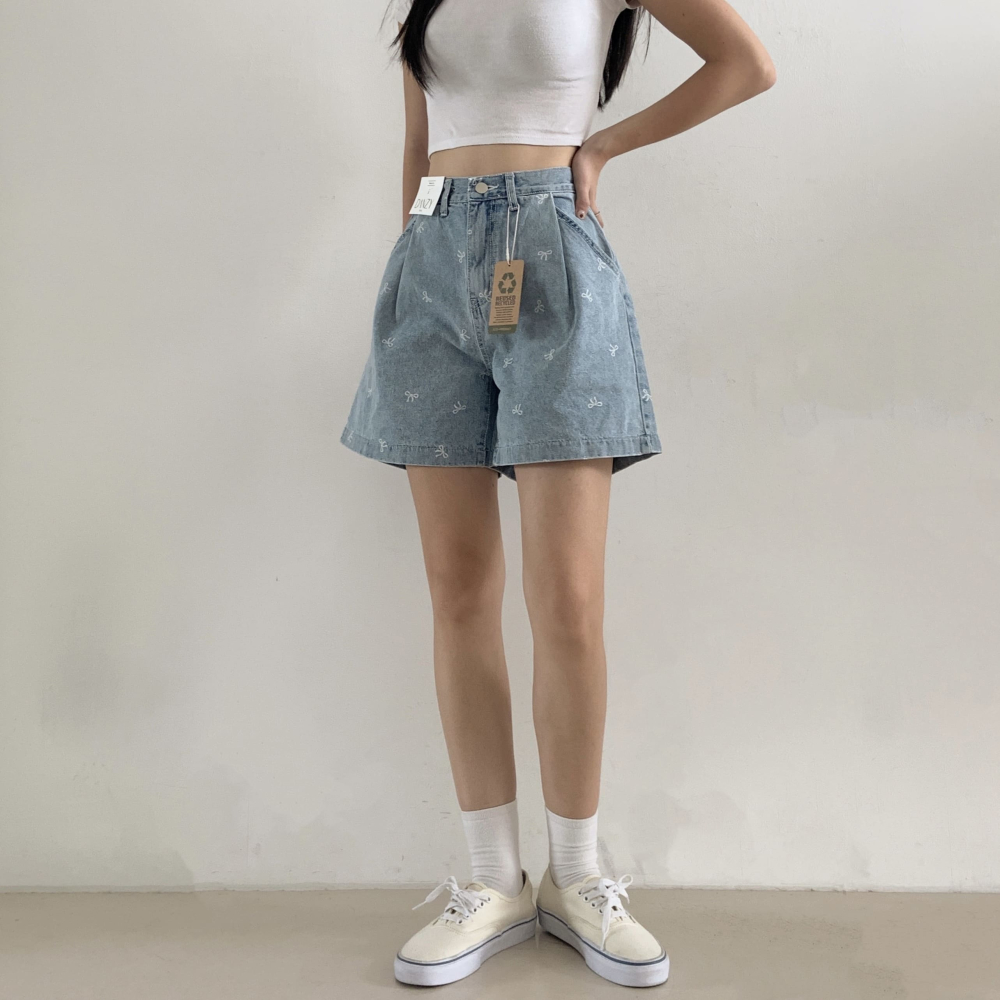 VENUSY｜正韓🇰🇷 - 𝟷𝟶𝟶%棉☀ 韓國女裝｜純棉蝴蝶結直筒A字牛仔短褲-細節圖8