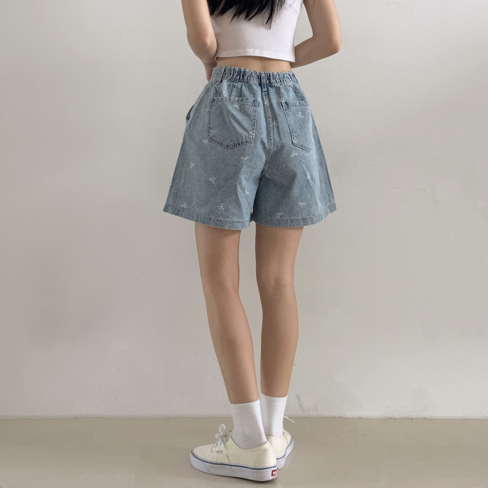 VENUSY｜正韓🇰🇷 - 𝟷𝟶𝟶%棉☀ 韓國女裝｜純棉蝴蝶結直筒A字牛仔短褲-細節圖10