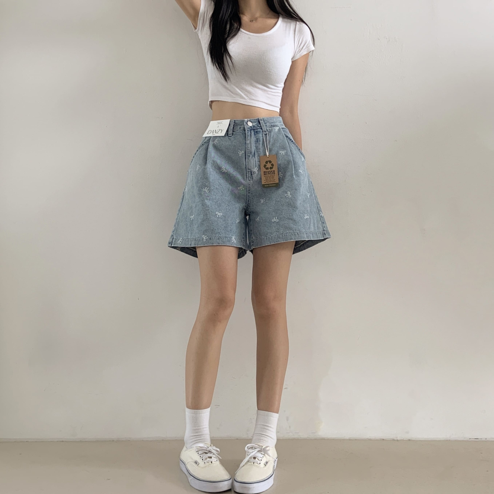 VENUSY｜正韓🇰🇷 - 𝟷𝟶𝟶%棉☀ 韓國女裝｜純棉蝴蝶結直筒A字牛仔短褲-細節圖11