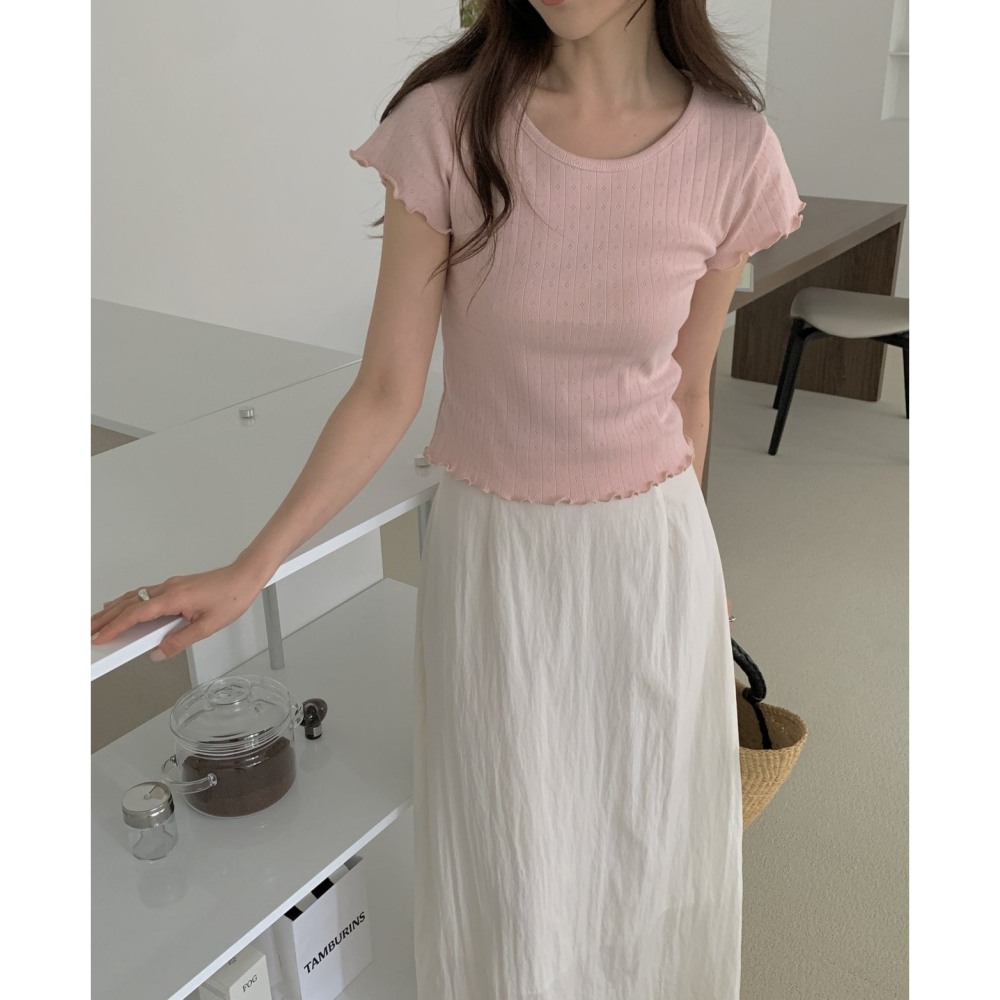 VENUSY｜正韓🇰🇷 - 𝟷𝟶𝟶%棉☀ 韓國女裝｜純棉木耳袖鏤空短袖T恤 韓國T恤-細節圖2