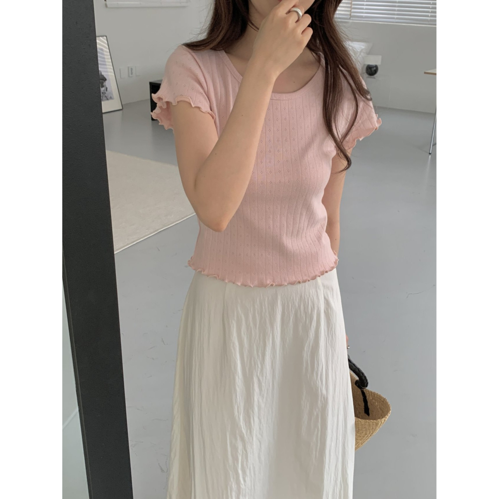 VENUSY｜正韓🇰🇷 - 𝟷𝟶𝟶%棉☀ 韓國女裝｜純棉木耳袖鏤空短袖T恤 韓國T恤-細節圖3