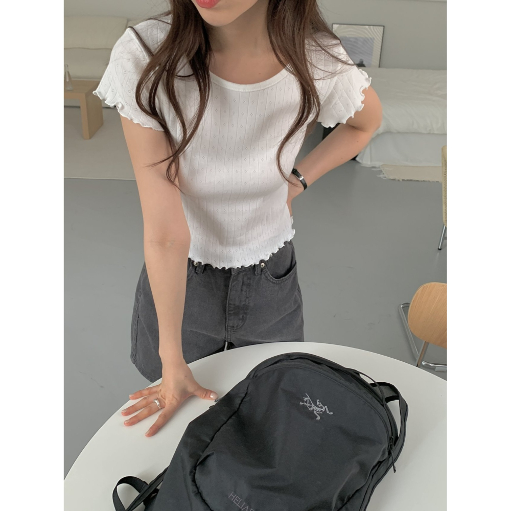VENUSY｜正韓🇰🇷 - 𝟷𝟶𝟶%棉☀ 韓國女裝｜純棉木耳袖鏤空短袖T恤 韓國T恤-細節圖4