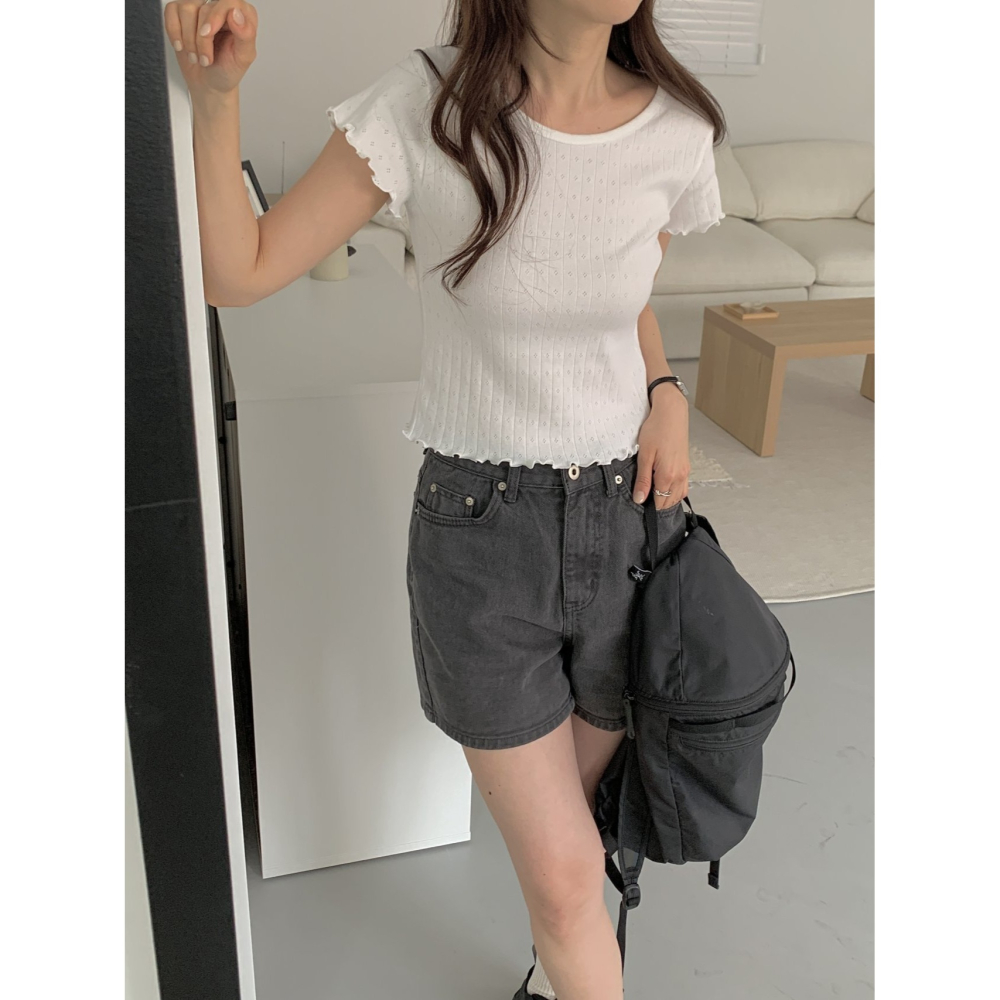 VENUSY｜正韓🇰🇷 - 𝟷𝟶𝟶%棉☀ 韓國女裝｜純棉木耳袖鏤空短袖T恤 韓國T恤-細節圖5