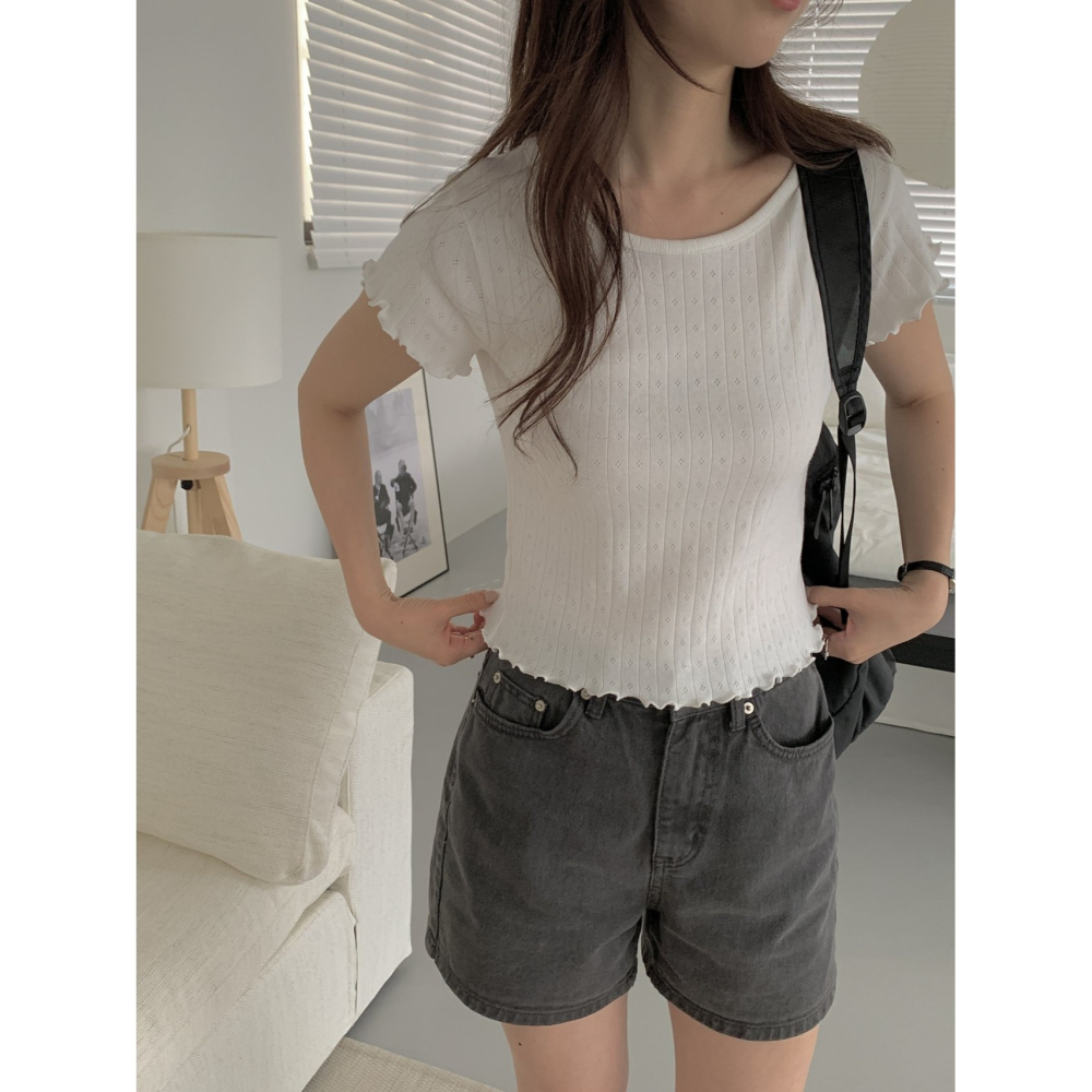 VENUSY｜正韓🇰🇷 - 𝟷𝟶𝟶%棉☀ 韓國女裝｜純棉木耳袖鏤空短袖T恤 韓國T恤-細節圖6