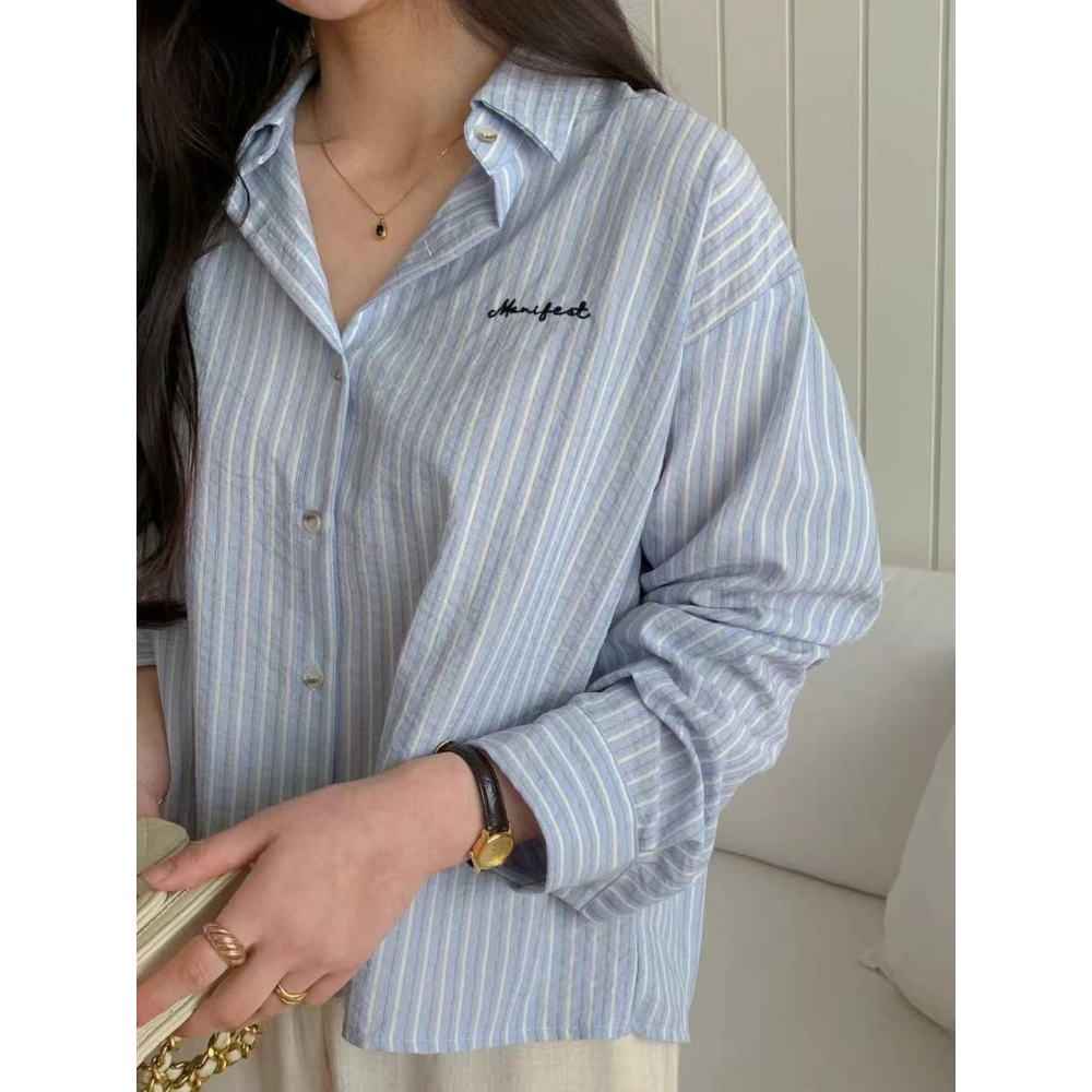 VENUSY｜正韓🇰🇷 - 免熨棉質☀ 韓國女裝｜瑪麗刺繡條紋襯衫 韓國襯衫-細節圖2