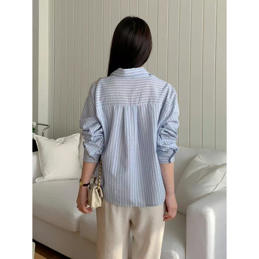 VENUSY｜正韓🇰🇷 - 免熨棉質☀ 韓國女裝｜瑪麗刺繡條紋襯衫 韓國襯衫-細節圖4