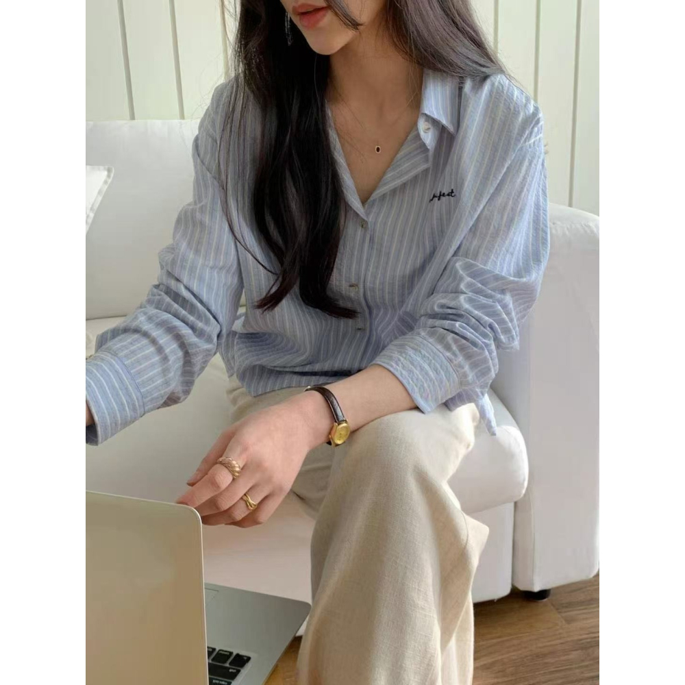 VENUSY｜正韓🇰🇷 - 免熨棉質☀ 韓國女裝｜瑪麗刺繡條紋襯衫 韓國襯衫-細節圖5