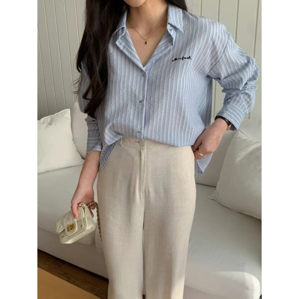 VENUSY｜正韓🇰🇷 - 免熨棉質☀ 韓國女裝｜瑪麗刺繡條紋襯衫 韓國襯衫-細節圖7