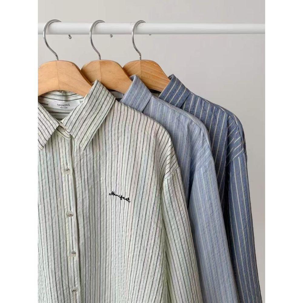 VENUSY｜正韓🇰🇷 - 免熨棉質☀ 韓國女裝｜瑪麗刺繡條紋襯衫 韓國襯衫-細節圖9