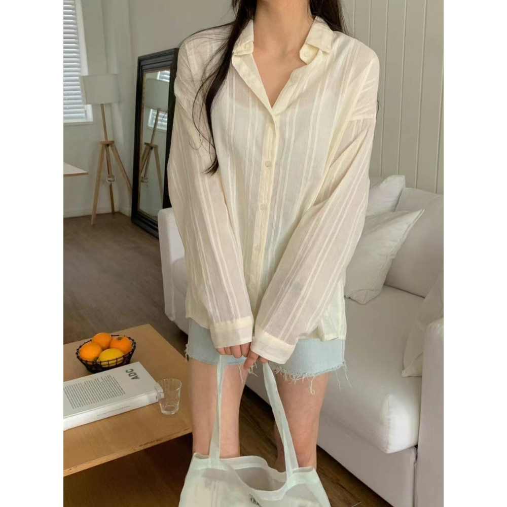 VENUSY｜正韓🇰🇷 - 純棉透氣舒適☀ 韓國女裝｜純棉透視條紋襯衫 韓國襯衫-細節圖2