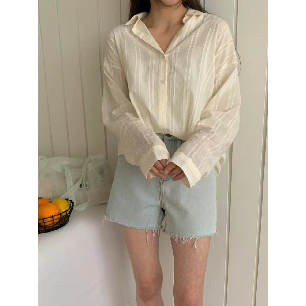 VENUSY｜正韓🇰🇷 - 純棉透氣舒適☀ 韓國女裝｜純棉透視條紋襯衫 韓國襯衫-細節圖3