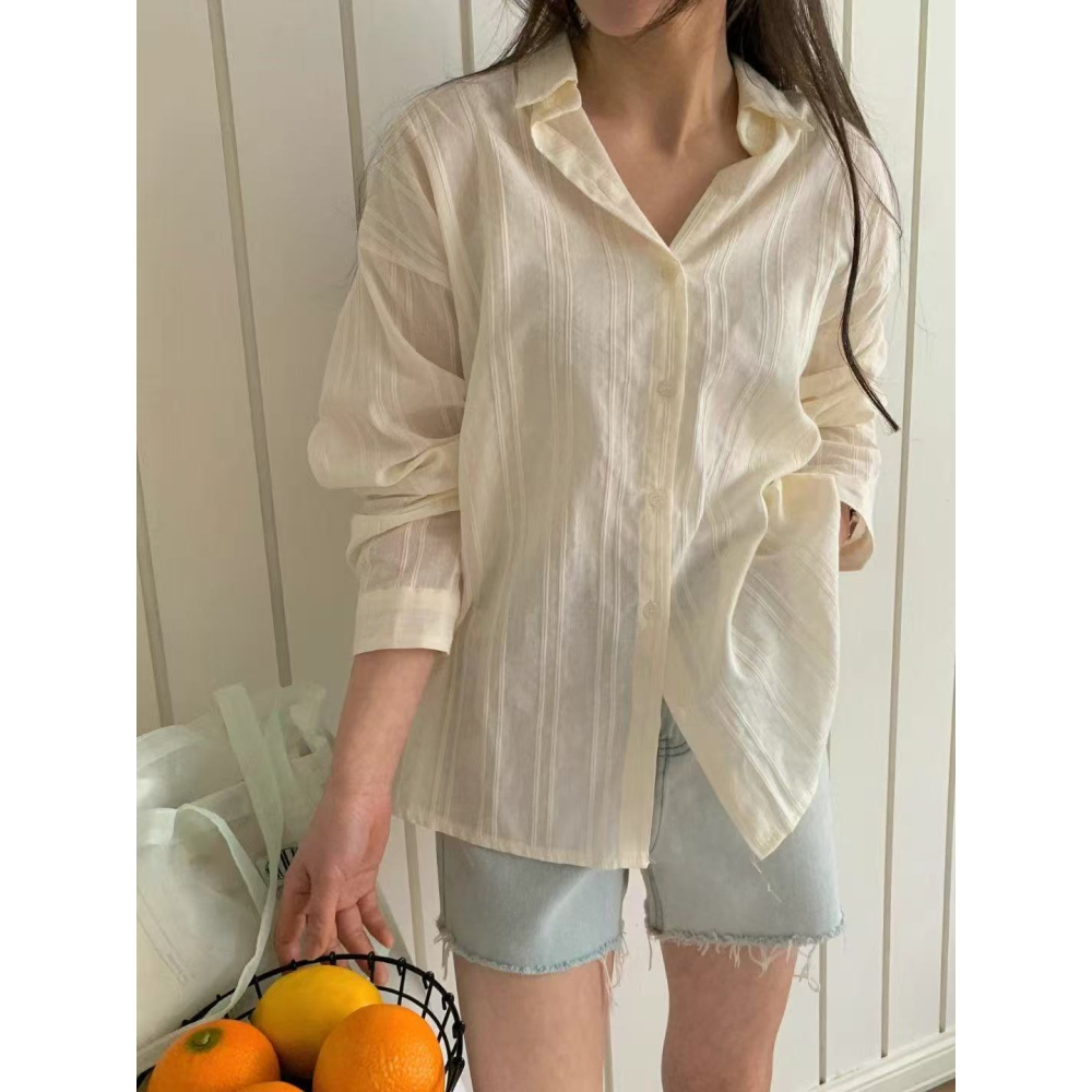 VENUSY｜正韓🇰🇷 - 純棉透氣舒適☀ 韓國女裝｜純棉透視條紋襯衫 韓國襯衫-細節圖4