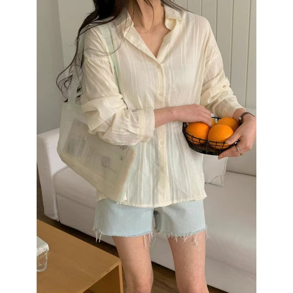 VENUSY｜正韓🇰🇷 - 純棉透氣舒適☀ 韓國女裝｜純棉透視條紋襯衫 韓國襯衫-細節圖5