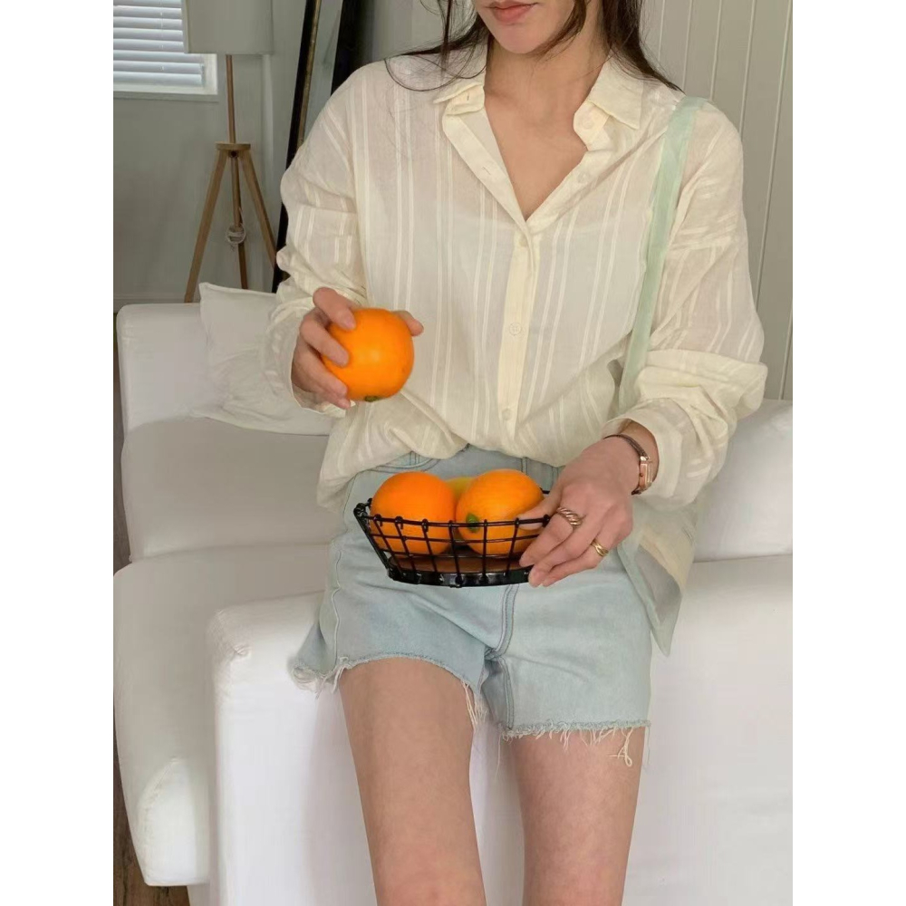 VENUSY｜正韓🇰🇷 - 純棉透氣舒適☀ 韓國女裝｜純棉透視條紋襯衫 韓國襯衫-細節圖6