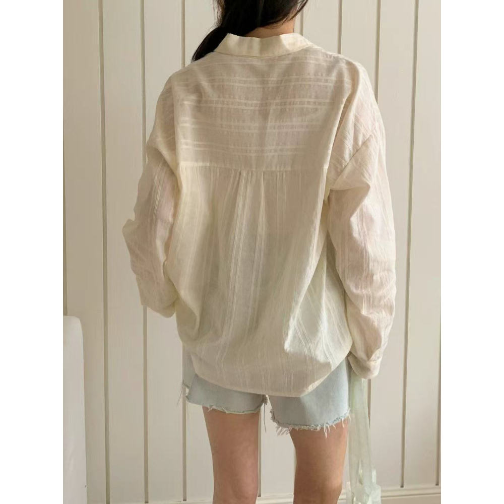 VENUSY｜正韓🇰🇷 - 純棉透氣舒適☀ 韓國女裝｜純棉透視條紋襯衫 韓國襯衫-細節圖7