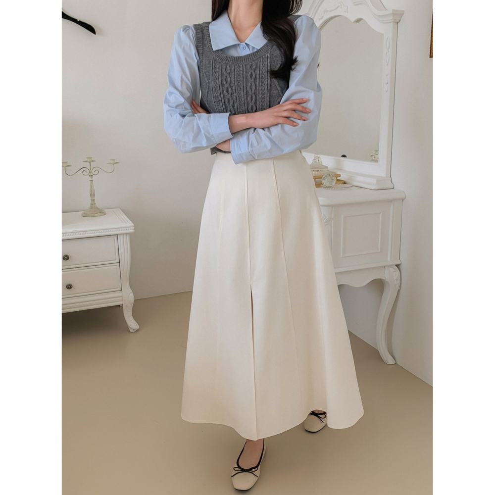 VENUSY｜正韓🇰🇷 - 韓國女裝｜純棉前開衩A字長裙-細節圖3