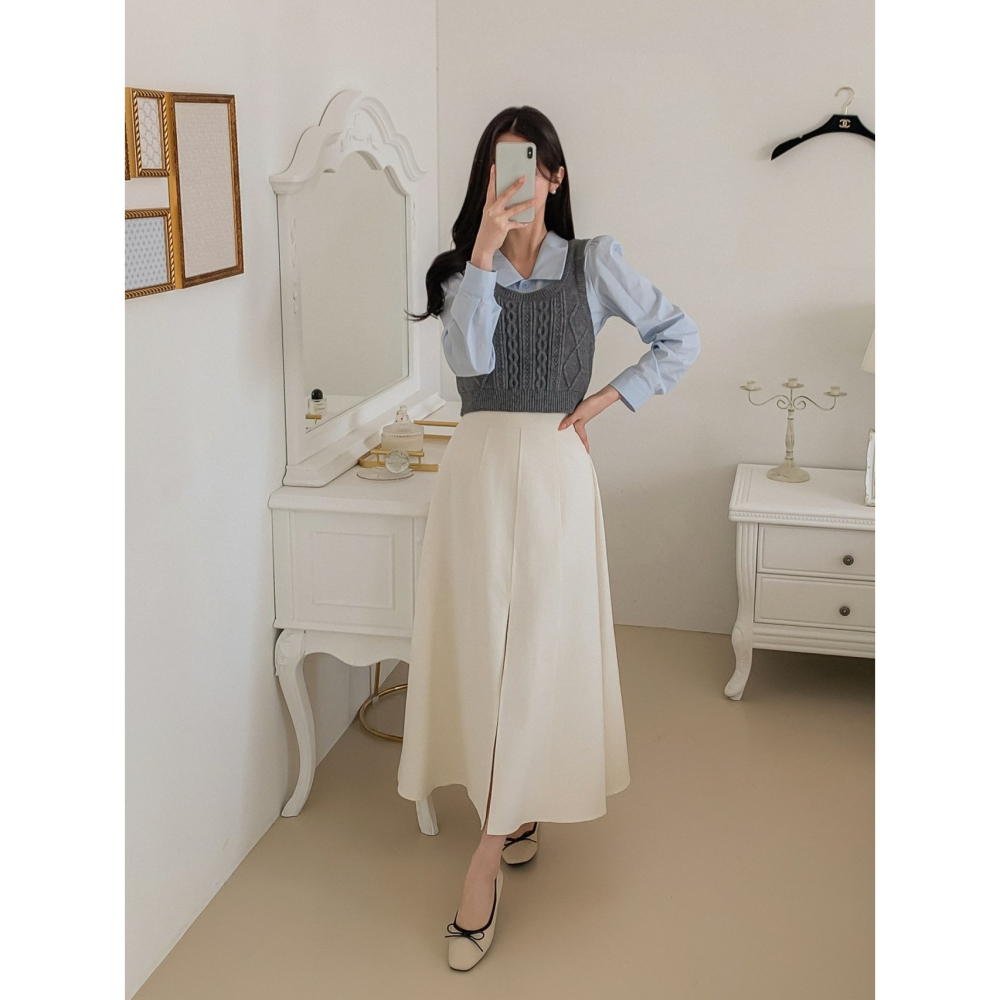 VENUSY｜正韓🇰🇷 - 韓國女裝｜純棉前開衩A字長裙-細節圖5