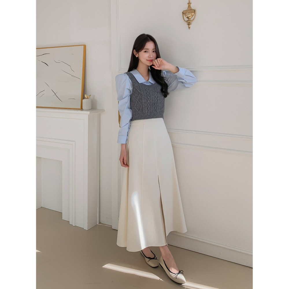 VENUSY｜正韓🇰🇷 - 韓國女裝｜純棉前開衩A字長裙-細節圖7