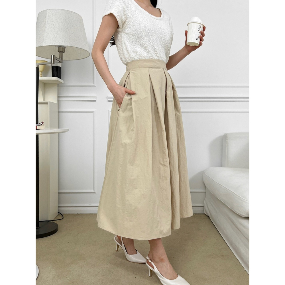 [現貨+預購] VENUSY｜正韓🇰🇷 - 赫本風♘ 韓國女裝｜褶皺尼龍口袋長裙-細節圖4