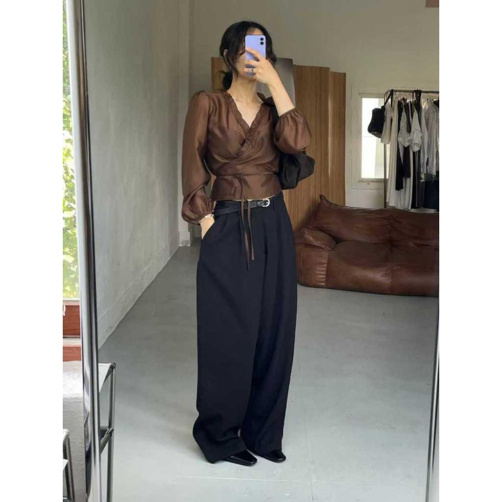 【垂墜感極佳】VENUSY｜正韓🇰🇷 - 韓國女裝｜褶皺寬鬆長款西褲-細節圖5