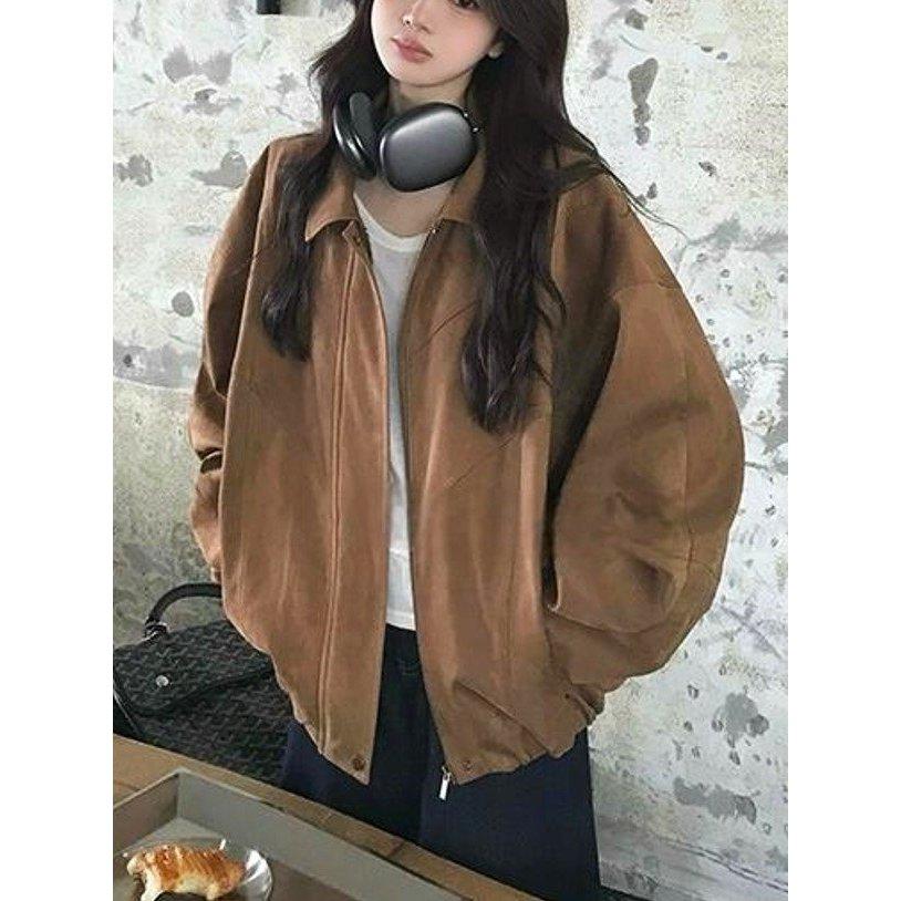 VENUSY｜正韓🇰🇷 - 韓國女裝｜後線條寬鬆麂皮夾克-細節圖2