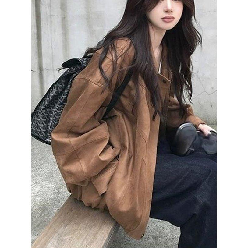 VENUSY｜正韓🇰🇷 - 韓國女裝｜後線條寬鬆麂皮夾克-細節圖4