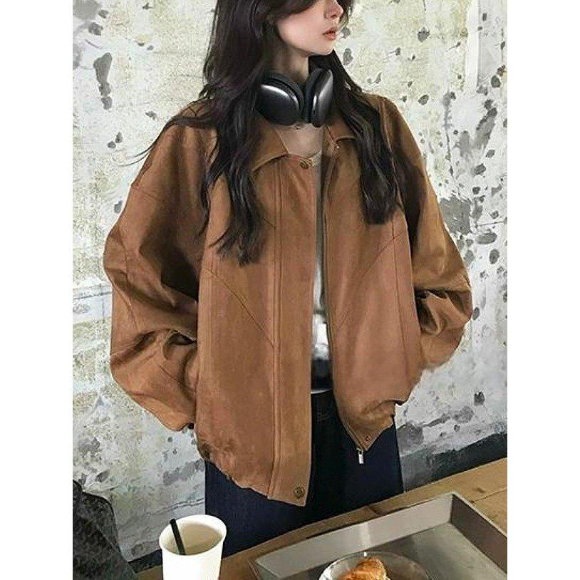 VENUSY｜正韓🇰🇷 - 韓國女裝｜後線條寬鬆麂皮夾克-細節圖7