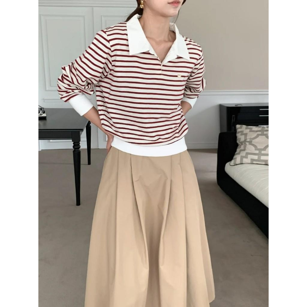 【25＇ 秋冬新品】ᴠɴ｜正韓🇰🇷 - 韓國女裝｜俏皮法式條紋翻領T恤 韓國T恤-細節圖2