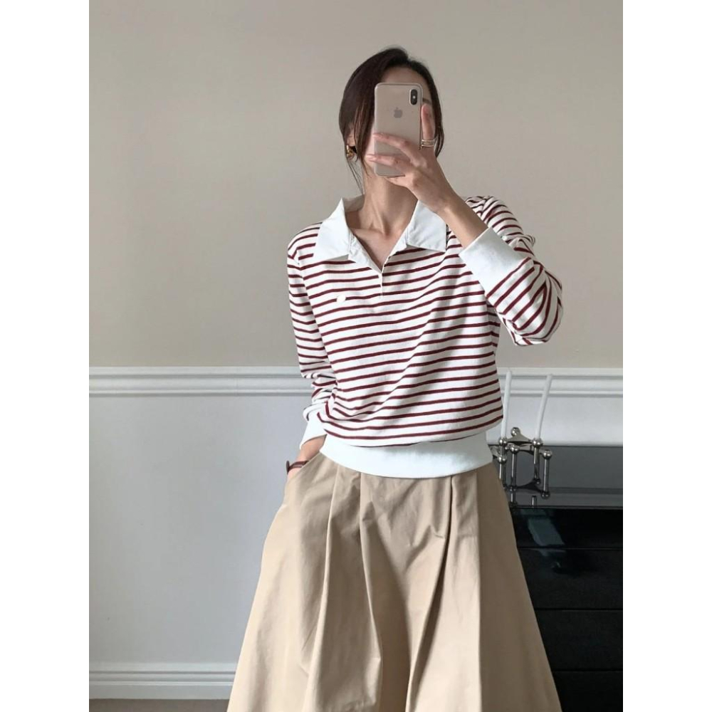 【25＇ 秋冬新品】ᴠɴ｜正韓🇰🇷 - 韓國女裝｜俏皮法式條紋翻領T恤 韓國T恤-細節圖4