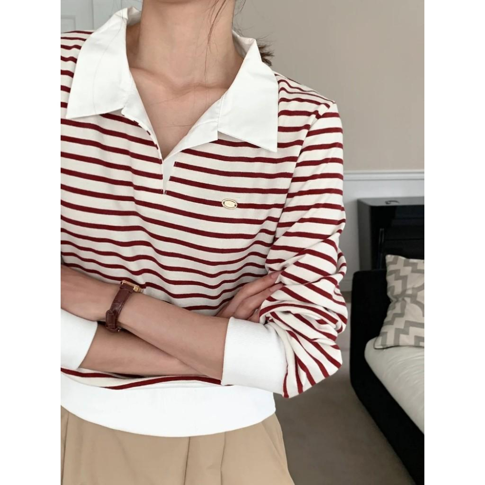 【25＇ 秋冬新品】ᴠɴ｜正韓🇰🇷 - 韓國女裝｜俏皮法式條紋翻領T恤 韓國T恤-細節圖5