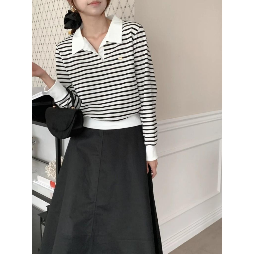 【25＇ 秋冬新品】ᴠɴ｜正韓🇰🇷 - 韓國女裝｜俏皮法式條紋翻領T恤 韓國T恤-細節圖6