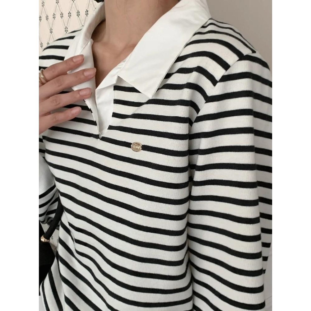 【25＇ 秋冬新品】ᴠɴ｜正韓🇰🇷 - 韓國女裝｜俏皮法式條紋翻領T恤 韓國T恤-細節圖7