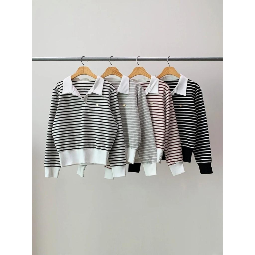 【25＇ 秋冬新品】ᴠɴ｜正韓🇰🇷 - 韓國女裝｜俏皮法式條紋翻領T恤 韓國T恤-細節圖9