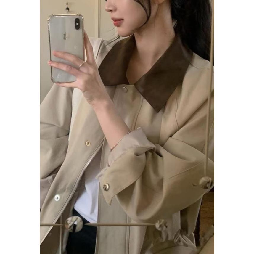 【高質感】ᴠɴ｜正韓🇰🇷 - 韓國女裝｜撞色皮領工裝夾克-細節圖5