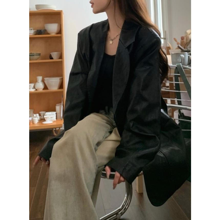 【高質感】ᴠɴ｜正韓🇰🇷 - 韓國女裝｜翻領皮質大口袋夾克-細節圖3