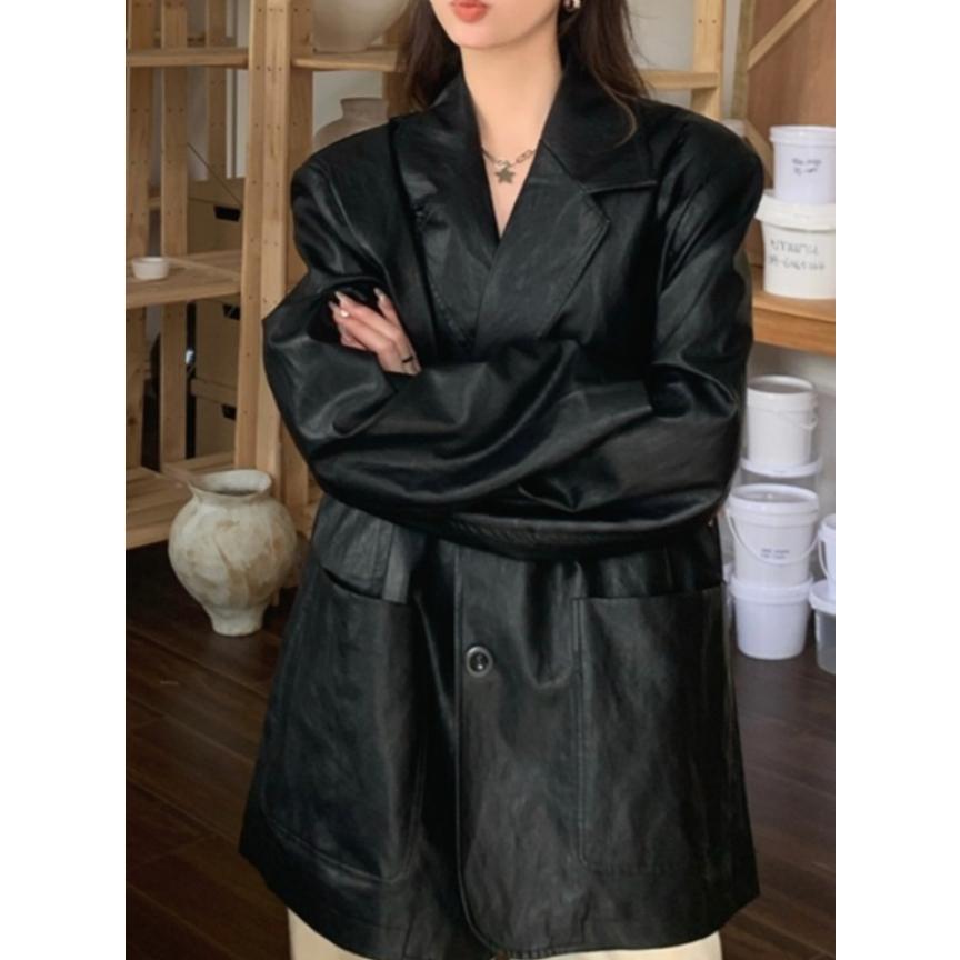 【高質感】ᴠɴ｜正韓🇰🇷 - 韓國女裝｜翻領皮質大口袋夾克-細節圖5