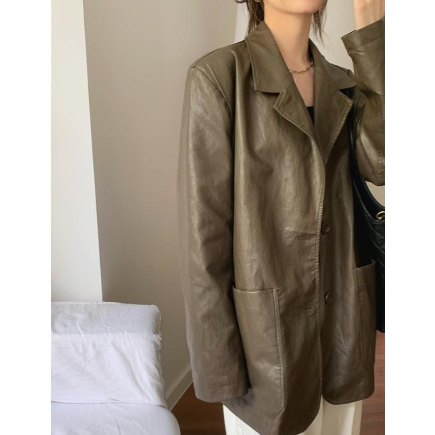 【高質感】ᴠɴ｜正韓🇰🇷 - 韓國女裝｜翻領皮質大口袋夾克-細節圖6