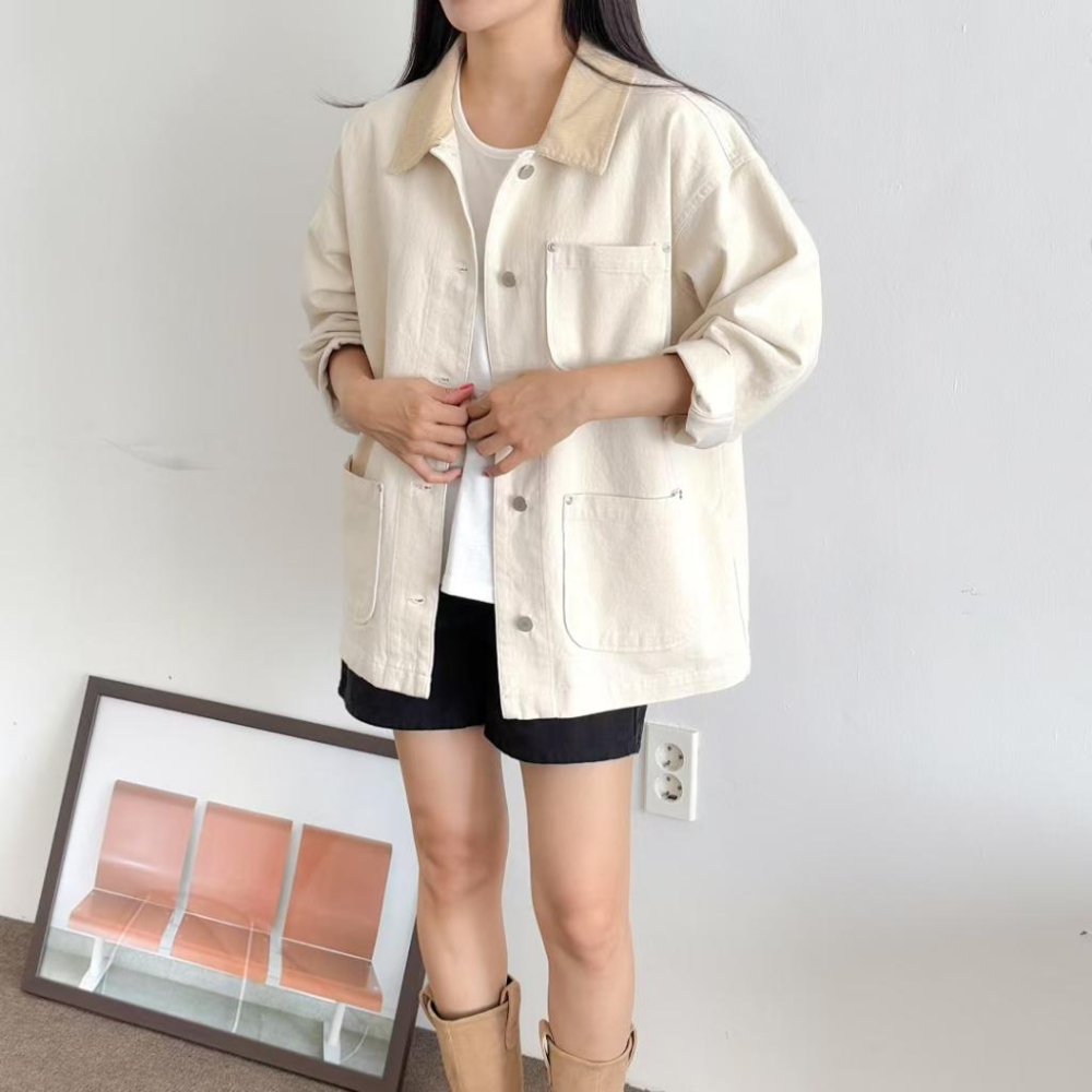 VENUSY｜正韓🇰🇷 - 純棉舒適☀ 韓國女裝｜純棉翻領生物水洗夾克-細節圖5