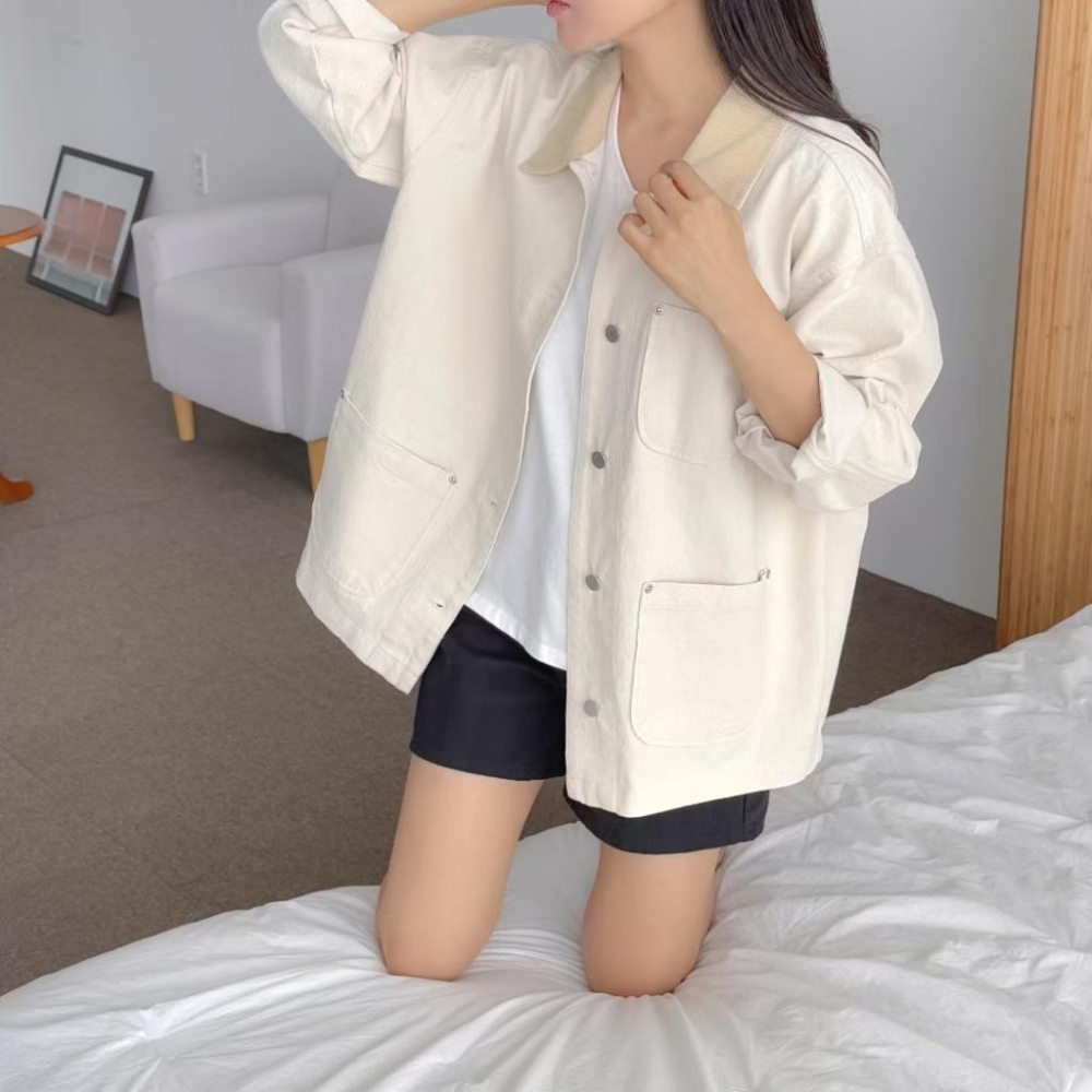 VENUSY｜正韓🇰🇷 - 純棉舒適☀ 韓國女裝｜純棉翻領生物水洗夾克-細節圖6