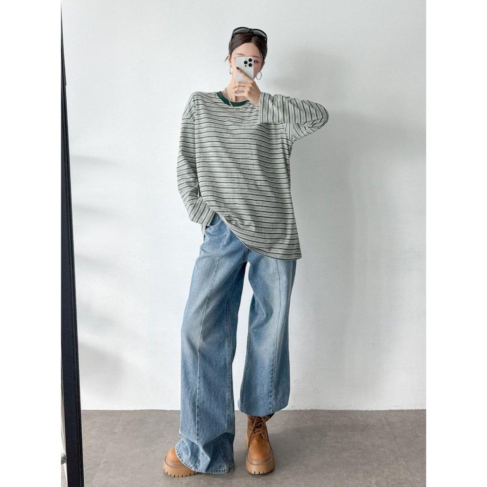 條紋元素【𝟷𝟶𝟶%棉】ᴠɴ｜正韓🇰🇷 - 韓國女裝｜條紋長袖寬鬆T恤 韓國T恤-細節圖3