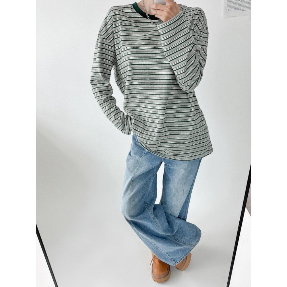 條紋元素【𝟷𝟶𝟶%棉】ᴠɴ｜正韓🇰🇷 - 韓國女裝｜條紋長袖寬鬆T恤 韓國T恤-細節圖4