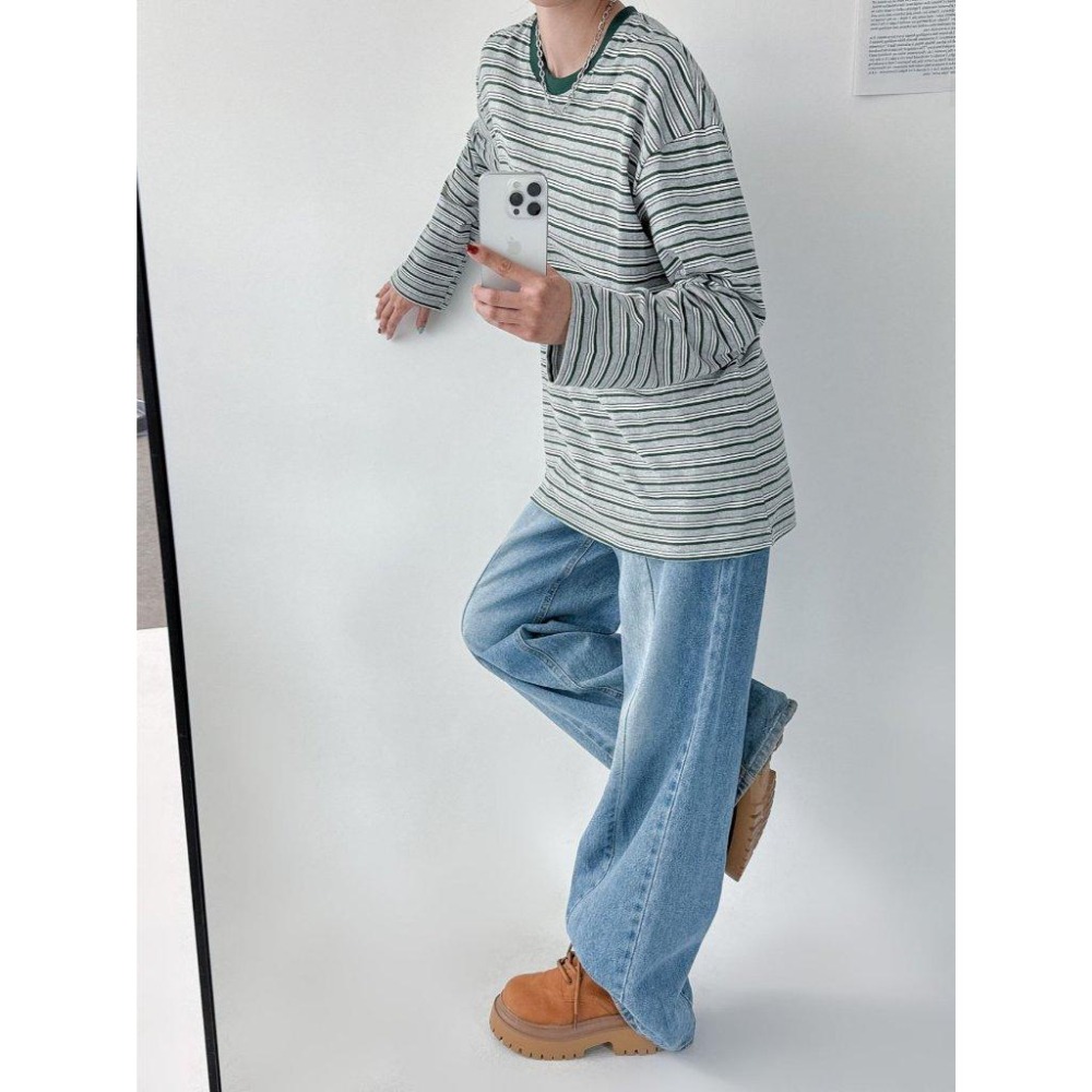 條紋元素【𝟷𝟶𝟶%棉】ᴠɴ｜正韓🇰🇷 - 韓國女裝｜條紋長袖寬鬆T恤 韓國T恤-細節圖6