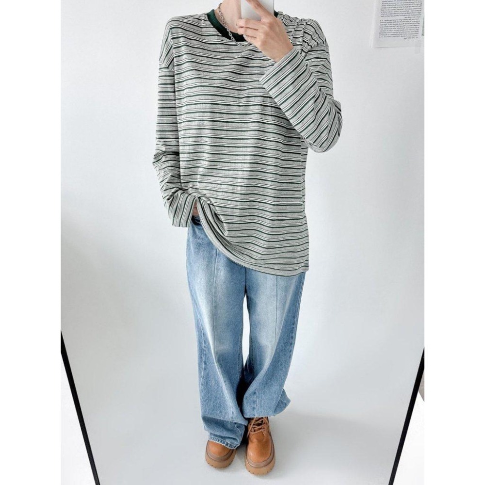 條紋元素【𝟷𝟶𝟶%棉】ᴠɴ｜正韓🇰🇷 - 韓國女裝｜條紋長袖寬鬆T恤 韓國T恤-細節圖7