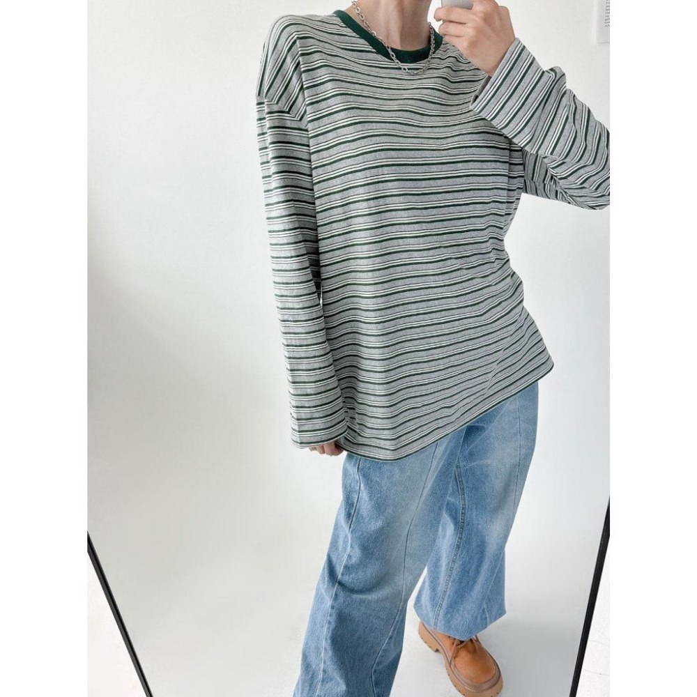 條紋元素【𝟷𝟶𝟶%棉】ᴠɴ｜正韓🇰🇷 - 韓國女裝｜條紋長袖寬鬆T恤 韓國T恤-細節圖8