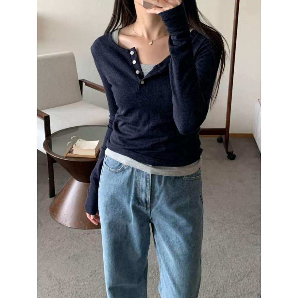 【羊毛親膚】ᴠɴ｜正韓🇰🇷 - 韓國女裝｜羊毛鈕扣長袖T恤 韓國T恤-細節圖6