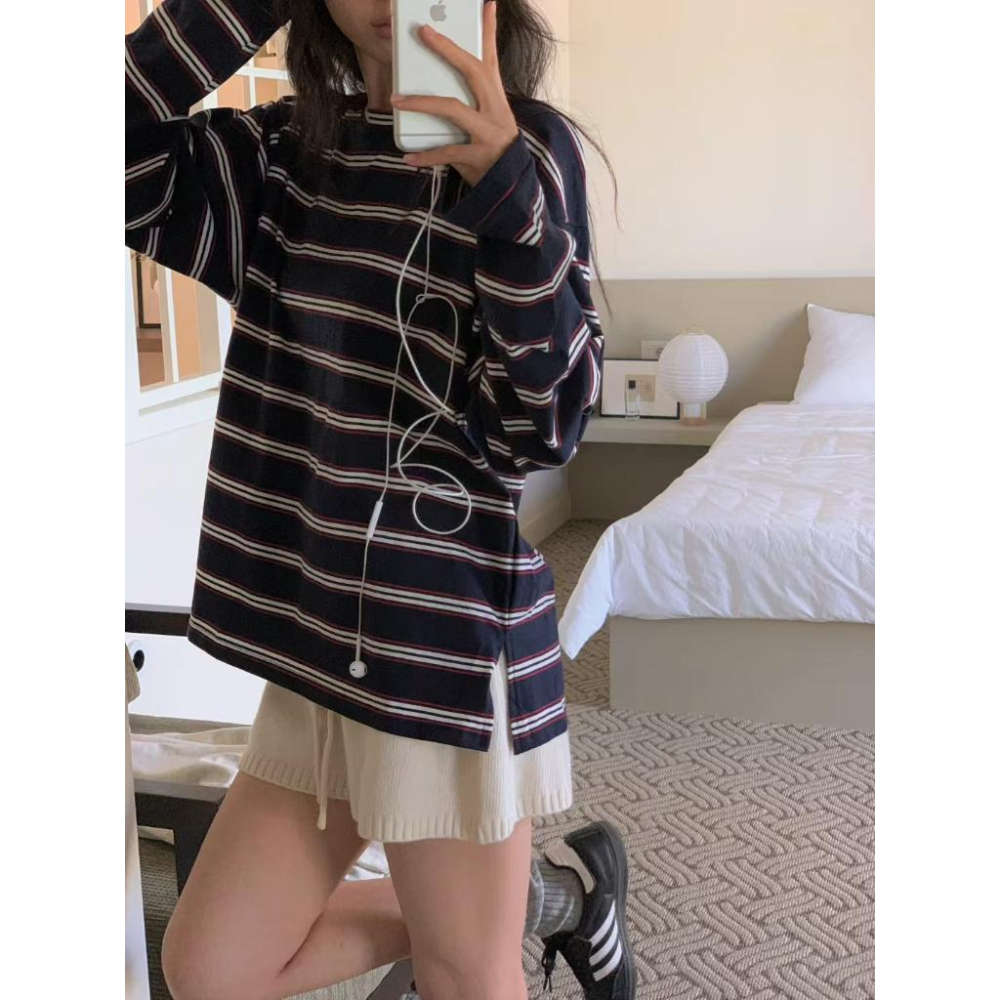 25＇ 秋季時尚 線條元素【𝟷𝟶𝟶%棉】ᴠɴ｜正韓🇰🇷 - 韓國女裝｜純棉圓領條紋長袖T恤 韓國T恤-細節圖2