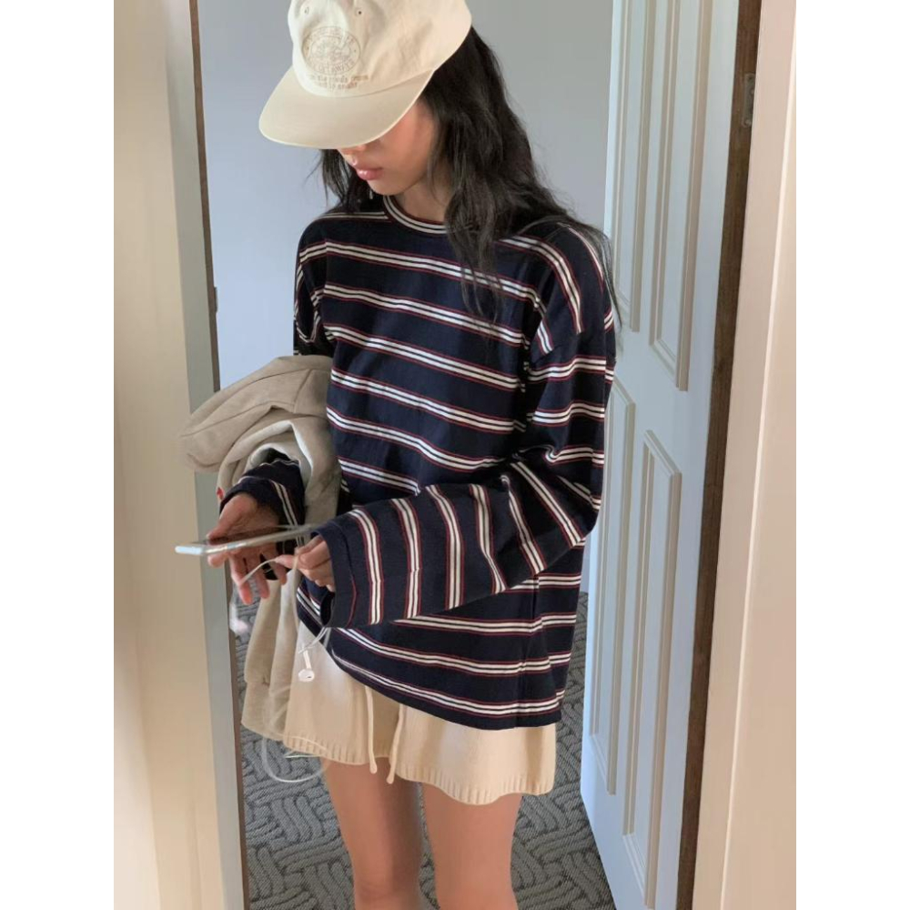 25＇ 秋季時尚 線條元素【𝟷𝟶𝟶%棉】ᴠɴ｜正韓🇰🇷 - 韓國女裝｜純棉圓領條紋長袖T恤 韓國T恤-細節圖3