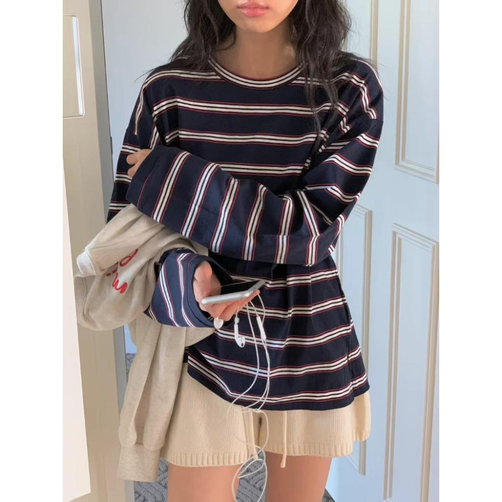 25＇ 秋季時尚 線條元素【𝟷𝟶𝟶%棉】ᴠɴ｜正韓🇰🇷 - 韓國女裝｜純棉圓領條紋長袖T恤 韓國T恤-細節圖4